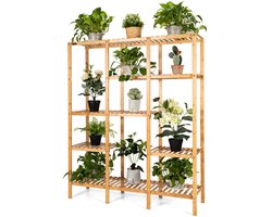 COSTWAY Plantenrek van bamboe, staand rek met 5 niveaus, bloementrap, plantenstandaard met hangrek, trappenrek, ruimteverdeler, bloemenrek voor woonkamer, tuin, balkon, 114 x 31 x 141 cm