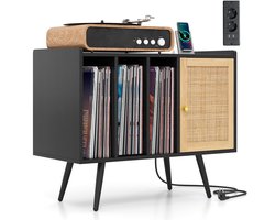 COSTWAY Platenspelerstandaard met laadstation, vinylplatenspeler, tafel, opbergkast, rotan houten kast, platenopbergtafel voor 220 grammofoonplaten, 80 x 40 x 65 cm (zwart)