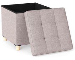 COSTWAY Poef met opbergruimte, voetenbank van linnen stof met gewatteerd deksel en rubberen houten poten, opbergdoos voor woonkamer, slaapkamer en hal, 45 x 45 x 45 cm (beige)