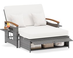 COSTWAY Rattan Lounge Sofa, Lounge Meubels Outdoor, Tuinbank met Liggende Functie, 2-Zits Tuinlounge met Kussens & Zijtafels, Polyrattan Tuinmeubelen, Balkonmeubelen Klein Balkon (Wit)
