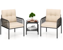 COSTWAY Rotan tuinmeubelset, 3-delig, balkonmeubel met 2 stoelen & tafel & kussens, balkonset terrasmeubels voor tuin, balkon, terras