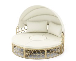 COSTWAY Rotan zonne-eiland, rond dagbed met bijzettafel, intrekbare luifel en kussen, tuinlounge aparte zitgroepen van PE-rotan vlechtwerk, bankmeubelset voor terras, tuin, zwembad