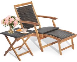 COSTWAY Rotan zonneligstoel met uittrekbare voetensteun & bijzettafel, inklapbare tuinstoel, houten ligbed, belastbaar tot 160 kg, voor zwembad, strand