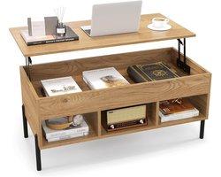 COSTWAY Salontafel, in hoogte verstelbaar, bijzettafel met opklapbaar tafelblad en 3 open vakken, woonkamertafel van hout met groot verborgen vak, koffietafel voor woonkamer, kantoor, natuur