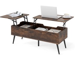 COSTWAY Salontafel in hoogte verstelbaar, woonkamertafel met opklapbaar tafelblad en 2 verborgen opbergvakken, bijzettafel hout, banktafel voor woonkamer, kantoor, 111 x 48 x 40-53,5 cm (bruin)