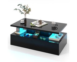 COSTWAY Salontafel met LED, hoogglans, woonkamertafel met instelbare lichtkleuren en helderheid, afstandsbediening, koffietafel met 2 niveaus zwart, 110 x 60 x 40