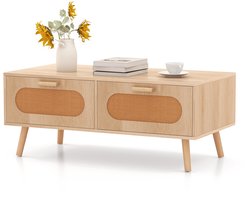 COSTWAY Salontafel rotan, woonkamertafel met 2 laden en achtervak, koffietafel met massieve houten poten, bijzettafel, modern, voor woonkamer, slaapkamer, 100 x 50 x 41 cm, naturel