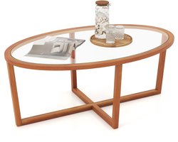 COSTWAY Salontafel van glas, bijzettafel, ovaal, transparant, woonkamertafel met kruisvoet en poten van acaciahout, moderne glazen tafel, koffietafel voor woonkamer, 118 x 71,5 x 47,5 cm