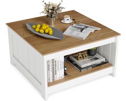 COSTWAY Salontafel van hout, vierkante woonkamertafel, 80 x 80 cm, bijzettafel in landhuisstijl met opbergruimte, koffietafel, banktafel voor woonkamer, kantoor