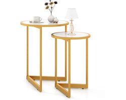 COSTWAY Salontafels met marmeren look, houten bijzettafel met goudkleurige metalen poten, salontafelset modern, compact, voor woonkamer en slaapkamer, wit