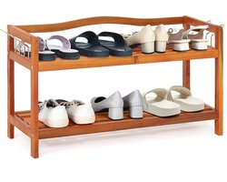 COSTWAY Schoenenrek van acaciahout, schoenenrek met metalen haken aan de zijkant, schoenenopslag houdt tot 12-18 paar, staand rek 74 x 26 cm voor hal, entree, woonkamer (2 niveaus)
