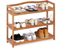 COSTWAY Schoenenrek van acaciahout, schoenenrek met metalen haken aan de zijkant, schoenenopslag houdt tot 12-18 paar, staand rek 74 x 26 cm voor hal, entree, woonkamer (3 niveaus)