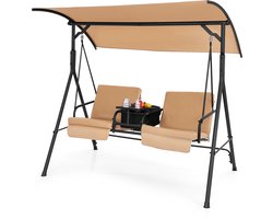 COSTWAY Schommelbank met koeltas, draaibaar dienblad en afneembaar kussen, 2-zits tuinschommel met verstelbaar dak, schommelbank voor tuin, terras en achtertuin (bruin)