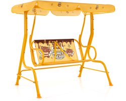 COSTWAY Schommelbank voor kinderen, 2-zits kinderschommel met verstelbaar zonnedak en metalen frame, tuinschommel met veiligheidsgordels, tuinbank voor kinderen (geel)
