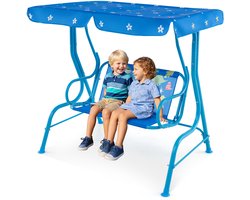 COSTWAY Schommelbank voor kinderen, 2-zits kinderschommel met verstelbaar zonnedak en metalen frame, tuinschommel met veiligheidsgordels, tuinbank voor kinderen (blauw)