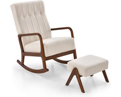 COSTWAY Schommelstoel met kruk, schommelstoel, gestoffeerd, schommelstoel tot 150 kg, relaxstoel met armleuningen en massief houten frame, relaxstoel voor slaapkamer en woonkamer, 65 x 97 x 104 cm