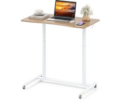 COSTWAY Schreibtsich C-vormig met wieltjes, 70-106 cm in hoogte verstelbaar, kleine computertafel met metalen frame, mobiel staand bureau, laptoptafel, sta-zitbureau voor thuis, kantoor, naturel