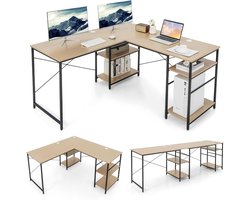 COSTWAY Schrijftafel L-vorm, omkeerbaar hoekbureau met 4 planken, hoektafel met 3 kabelgaten, gaming computertafel, bureautafel voor thuiskantoor, 151 x 151 x 75 cm, naturel
