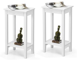COSTWAY Set van 2 bijzettafeltjes met plank, hoge 2 verdiepingen met 4 massief houten poten, rechthoekige opbergtafel, gangtafel, hout, plantentafel, houten tafel voor woonkamer, slaapkamer (wit)