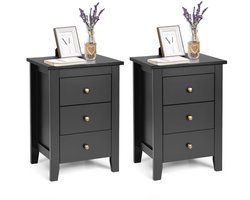 COSTWAY Set van 2 nachtkastjes met 3 laden, nachtkastje voor boxspringbed, bijzettafel, nachtkastje voor woonkamer slaapkamer, zwart, 46 x 37 x 65 cm