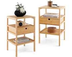 COSTWAY Set van 2 nachtkastjes van bamboe, 3-traps bijzettafel met lade en lattenplank, nachtkastje voor boxspringbed, nachtkastje voor slaapkamer en woonkamer, 40 x 40 x 68 cm