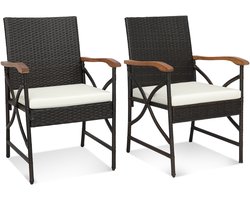 COSTWAY Set van 2 rotan stoelen, polyrotan tuinstoel, hout, tuinstoel met zitkussen, rotan stoel, tuinstoelen voor buiten, terras, balkon, tuin (X-design, 62 x 56 x 89 cm)
