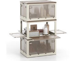 COSTWAY Set van 3 opvouwbare opbergdozen, 98 l x 3 stapelboxen, opbergcontainers, kunststof doos met deksel, wielen en 5 deuren, rolboxen voor thuis, op kantoor en op de camping, wit