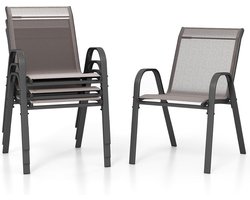 COSTWAY Set van 4 stapelbare tuinstoelen, stapelstoelen van textiel en metalen frame, terrasstoelen met armleuningen, balkonstoelen, belastbaar tot 150 kg, 56 x 70 x 84 cm, grijs