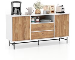 COSTWAY Sideboard hout, buffetkast met schuifdeuren en 2 laden, buffet met metalen poten en kantelbeveiliging, moderne tv-kast voor keuken, eetkamer, woonkamer, wit + natuur, 150 x 45 x 74 cm