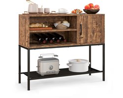 COSTWAY Sideboard met wijnrek en metalen plank, keukenkast van hout, wijnkast, 35 x 100 x 83 cm, consoletafel, buffetkast voor eetkamer, woonkamer, hal, entree, bruin