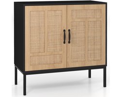 COSTWAY Sideboard rotan opbergkast, boho buffet accentkast, buffetkast met 3-voudig verstelbaar rek en 2 deuren voor keuken, eetkamer, woonkamer en hal (zwart)