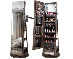 COSTWAY Sieradenkast 360° draaibaar, spiegelkast met full-body spiegel, led-lampen & lade & haardrogerhouder, sieradenrek afsluitbaar, staande spiegel voor sieraden