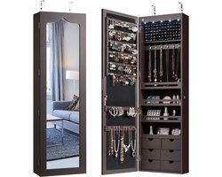 COSTWAY Sieradenkast met ledverlichting, 6 laden en spiegel, simpelkast hangend, hangkast voor deur en wandmontage, afsluitbaar (bruin)