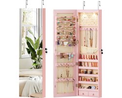 COSTWAY Sieradenkast met ledverlichting, sieradenrek met spiegel, spiegelkast hangend afsluitbaar met sleutels, sieradenopslag 120 x 35,5 x 10 cm (roze)