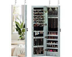 COSTWAY Sieradenkast met ledverlichting, sieradenrek met spiegel, spiegelkast hangend afsluitbaar met sleutels, sieradenopslag 120 x 35,5 x 10 cm (vintage blauw)
