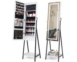 COSTWAY Sieradenkast met plank, spiegelkast afsluitbaar met full-body spiegel, 3 gekleurde ledlampen en 2 laden, vrijstaande sieradenorganizer voor slaapkamer, woonkamer