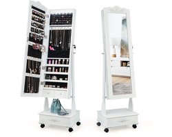 COSTWAY Sieradenkast met spiegel, led-sieradenkast met lade, sieradenorganizer afsluitbaar, op wielen, ideaal voor opslag en make-up