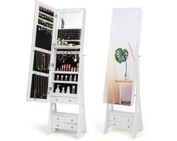 COSTWAY Sieradenkast met spiegel, met verlichting, sieradenspiegelkast met schuifladen en inklapbare plank, ideaal voor make-up (wit)