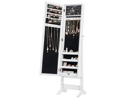 COSTWAY Sieradenkast, met spiegel over de gehele lengte, vrijstaande sieraden kast, met 64 oorbelgaten, 20 kettinghaken, 72 ringgaten, 4 planken voor make-up, 2-in-1 grote capaciteit sieraden organisator, 3 hoekinstelbare