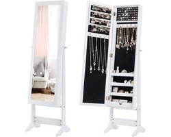 COSTWAY Sieradenkast, met spiegel over de gehele lengte, vrijstaande sieraden kast, met 64 oorbelgaten, 20 kettinghaken, 72 ringgaten, 4 planken voor make-up, 2-in-1 grote capaciteit sieraden organisator, 3 hoekinstelbare