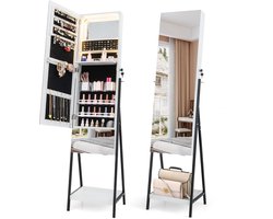 COSTWAY Sieradenkast met spiegel, spiegelkast, afsluitbaar met 3 gekleurde ledverlichting, laden en plank, sieradenorganizer, vrijstaand voor slaapkamer, woonkamer