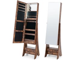 COSTWAY Sieradenkast met spiegel, spiegelkast met verlichting, sieradenorganizer met laden en inklapbare plank