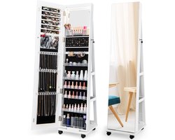 COSTWAY Sieradenkast met wielen, afsluitbare spiegelkast met LED-verlichting & verstelbare planken, staand juwelenkast met spiegel over de hele lengte voor kettingen, oorbellen, make-up (wit)