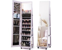 COSTWAY Sieradenkast met wieltjes, spiegelkast, afsluitbaar met ledlampen en verstelbare planken, staande spiegel, sieradenrek, full-body spiegel voor kettingen, oorbellen, make-up (paars)