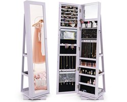 COSTWAY Sieradenkast, spiegelkast met full-body spiegel en ingebouwde make-upspiegel, 360 graden draaibaar, afsluitbaar, staand, sieradenopslag, sieradenorganizer met sleutels (paars)