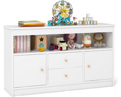 COSTWAY Speelgoedkast voor kinderen, kinderrek van hout, kinderkast met 2 laden en 2 deuren, speelgoedorganizer, opbergkast voor kinderkamer, slaapkamer, 106 x 30 x 62 cm, wit