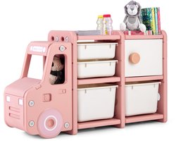 COSTWAY Speelgoedrek, 2 niveaus, kinderrek met kast en opbergdozen, boekenplank voor kinderen, kinderkamerplank voor speelgoed, 110 x 32 x 66 cm (auto, roze)