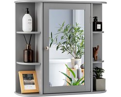 COSTWAY Spiegelkast voor badkamer, 4 vakken en 6 open planken, badkamerkast met spiegel, hangende badkamerkast, hout, 66 x 17 x 63 cm (grijs)