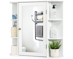 COSTWAY Spiegelkast voor badkamer, 4 vakken en 6 open planken, badkamerkast met spiegel, hangende badkamerkast, hout, 66 x 17 x 63 cm (wit)