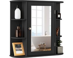 COSTWAY Spiegelkast voor badkamer, 4 vakken en 6 open planken, badkamerkast met spiegel, hangende badkamerkast, hout, 66 x 17 x 63 cm (zwart)